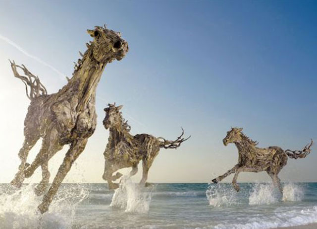 雕塑家用废弃浮木创作出栩栩如生的动物雕像