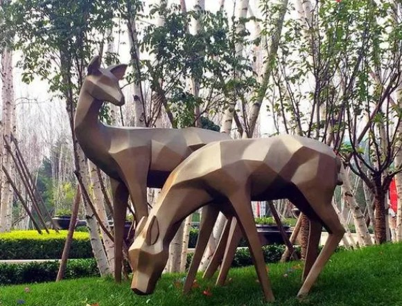 几何块面玻璃钢不锈钢鹿摆件