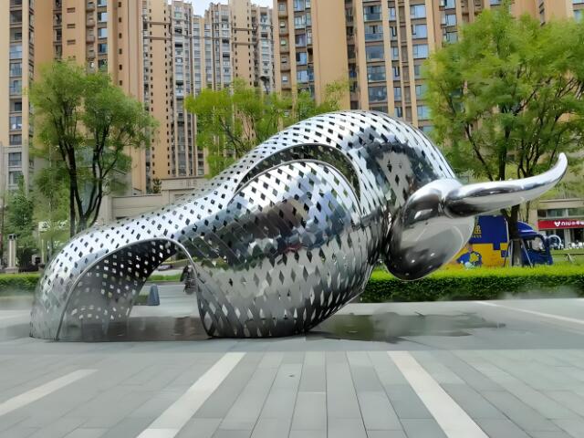 户外景观抽象镂空不锈钢牛雕塑定制